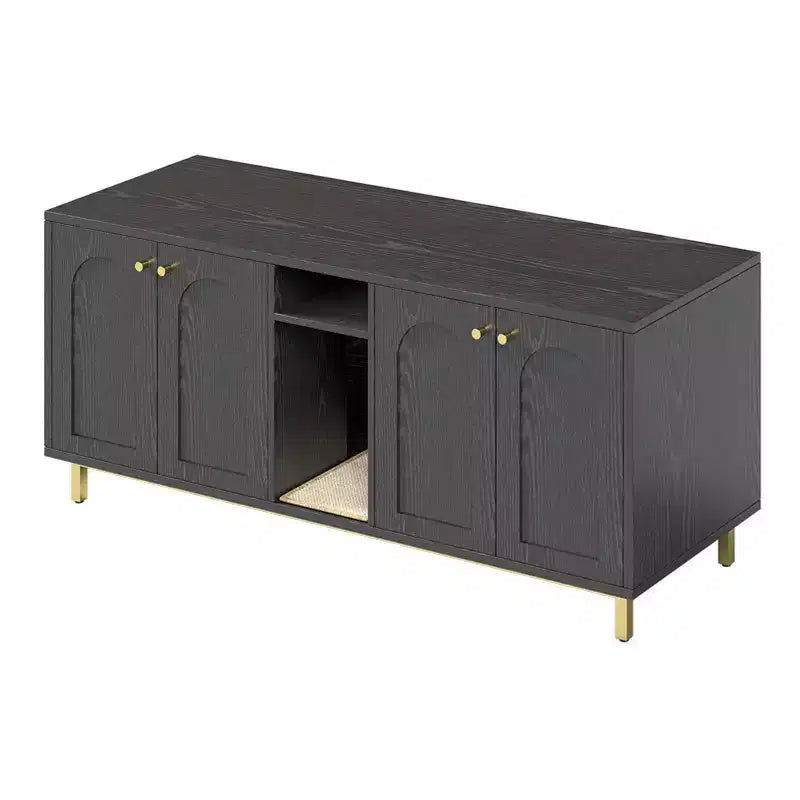 Black Litter Box Enclosure with Storage Cabinet, Large Capacity, Double Magnetic Door Design, Built-in Scratching Pad