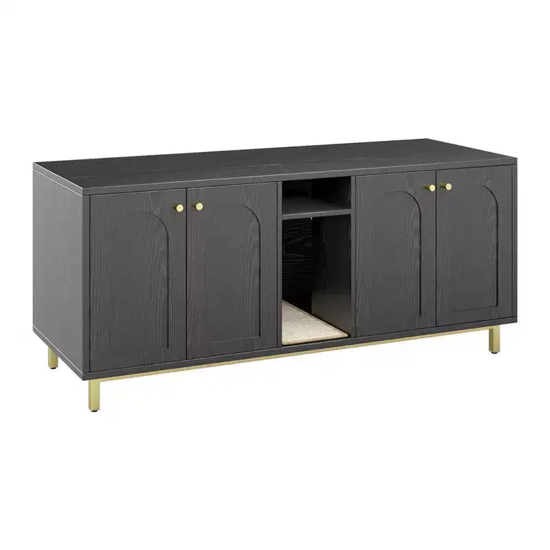 Black Litter Box Enclosure with Storage Cabinet, Large Capacity, Double Magnetic Door Design, Built-in Scratching Pad