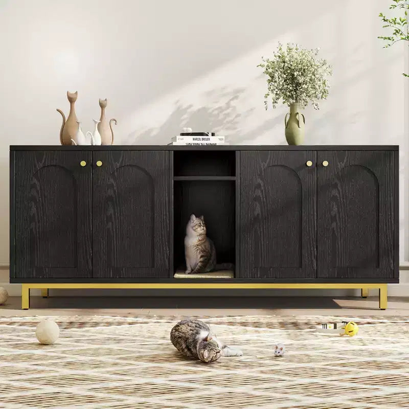 Black Litter Box Enclosure with Storage Cabinet, Large Capacity, Double Magnetic Door Design, Built-in Scratching Pad