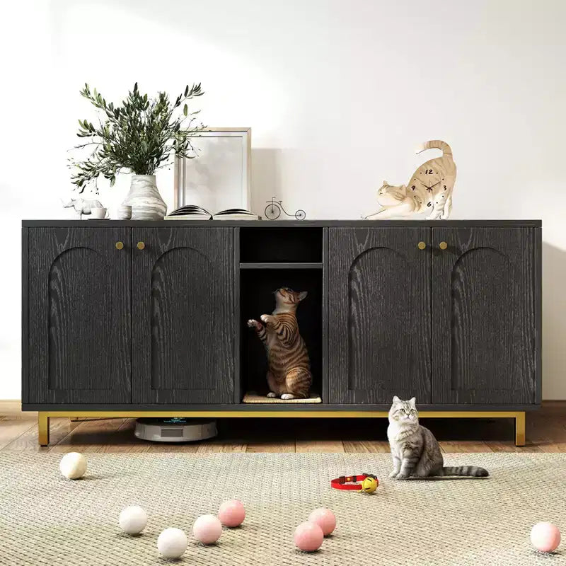 Black Litter Box Enclosure with Storage Cabinet, Large Capacity, Double Magnetic Door Design, Built-in Scratching Pad