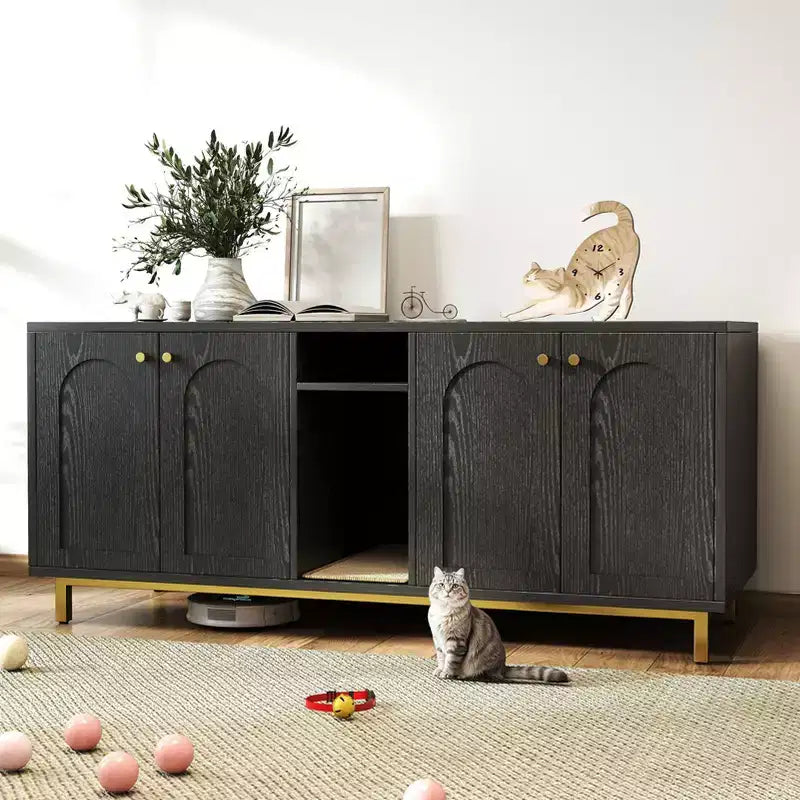 Black Litter Box Enclosure with Storage Cabinet, Large Capacity, Double Magnetic Door Design, Built-in Scratching Pad