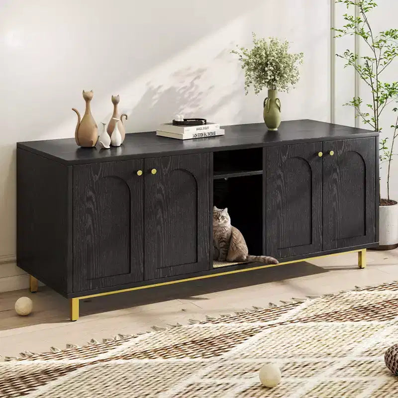 Black Litter Box Enclosure with Storage Cabinet, Large Capacity, Double Magnetic Door Design, Built-in Scratching Pad