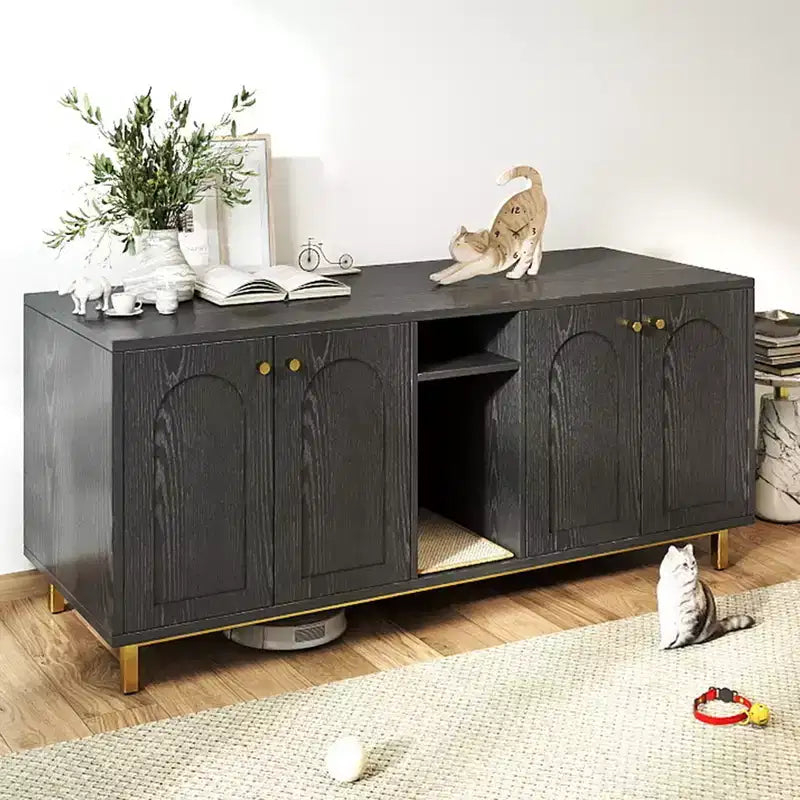 Black Litter Box Enclosure with Storage Cabinet, Large Capacity, Double Magnetic Door Design, Built-in Scratching Pad