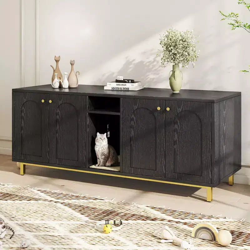 Black Litter Box Enclosure with Storage Cabinet, Large Capacity, Double Magnetic Door Design, Built-in Scratching Pad