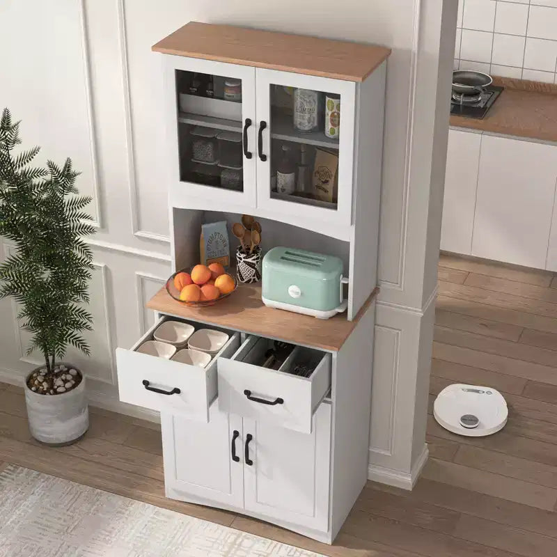 23" Wooden Kitchen Cabinet, Pantry Microwave Cabinet with Glass Doors and Drawers, Adjustable Shelves, White