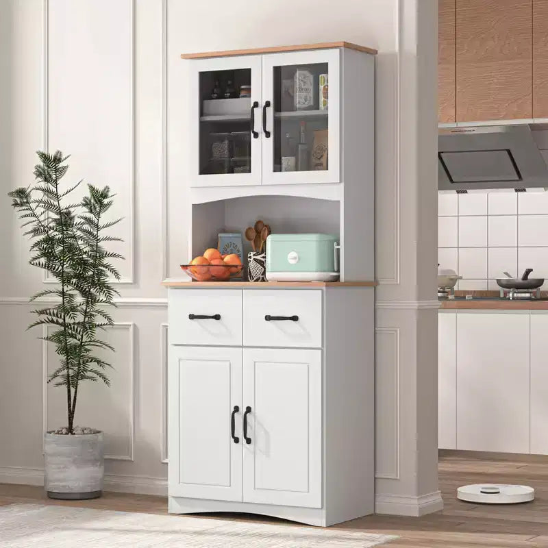 23" Wooden Kitchen Cabinet, Pantry Microwave Cabinet with Glass Doors and Drawers, Adjustable Shelves, White