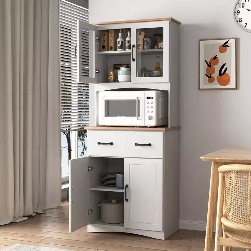 23" Wooden Kitchen Cabinet, Pantry Microwave Cabinet with Glass Doors and Drawers, Adjustable Shelves, White
