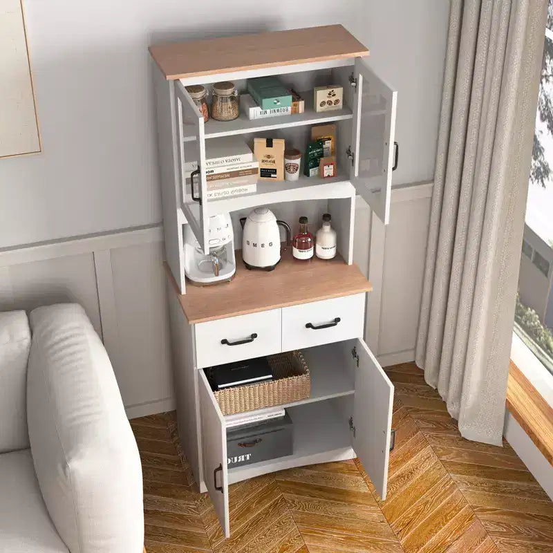 23" Wooden Kitchen Cabinet, Pantry Microwave Cabinet with Glass Doors and Drawers, Adjustable Shelves, White