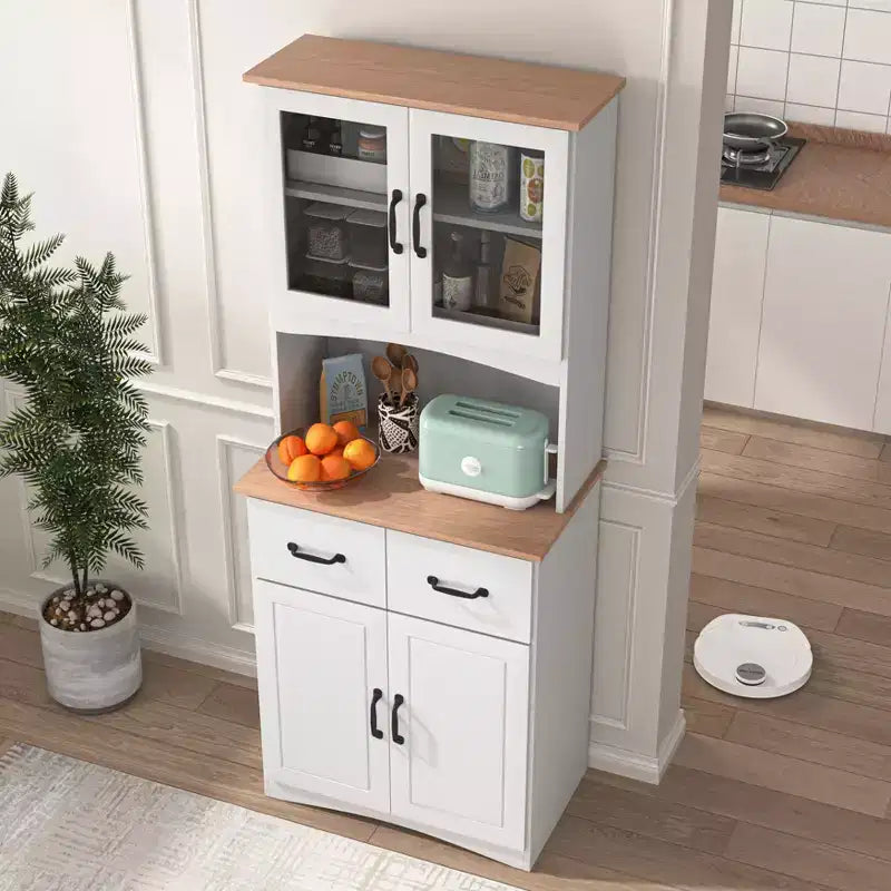 23" Wooden Kitchen Cabinet, Pantry Microwave Cabinet with Glass Doors and Drawers, Adjustable Shelves, White