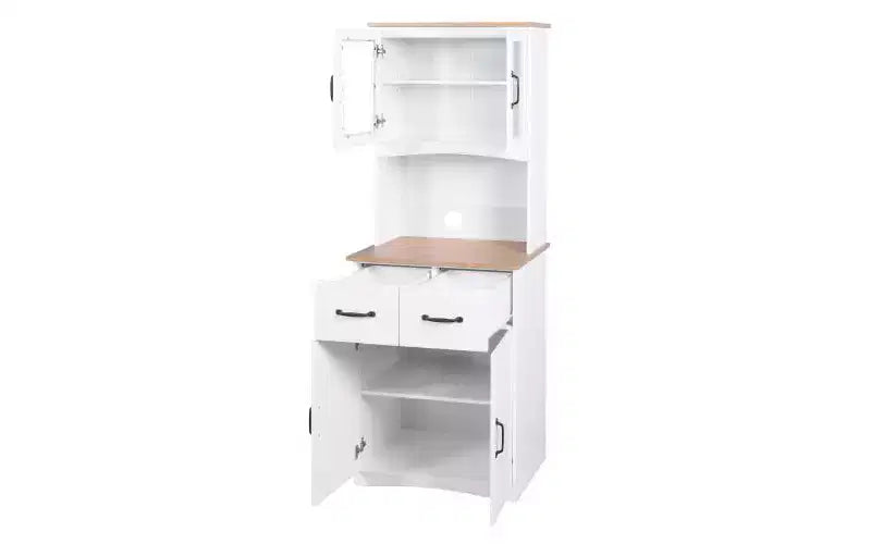 23" Wooden Kitchen Cabinet, Pantry Microwave Cabinet with Glass Doors and Drawers, Adjustable Shelves, White