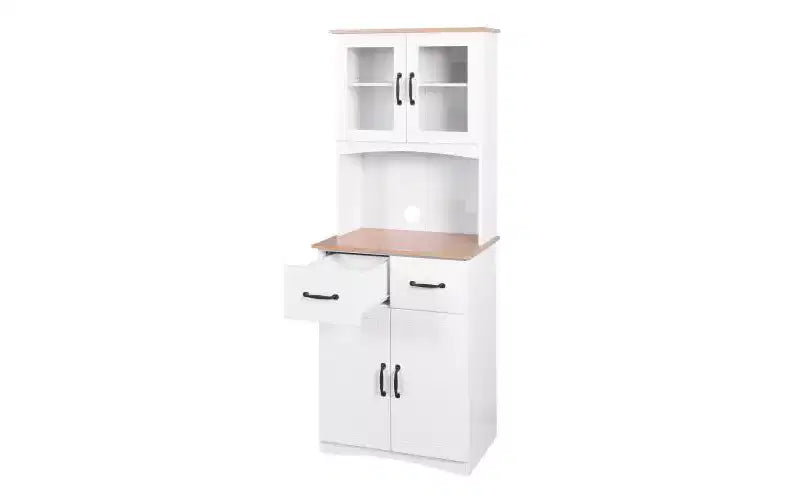 23" Wooden Kitchen Cabinet, Pantry Microwave Cabinet with Glass Doors and Drawers, Adjustable Shelves, White