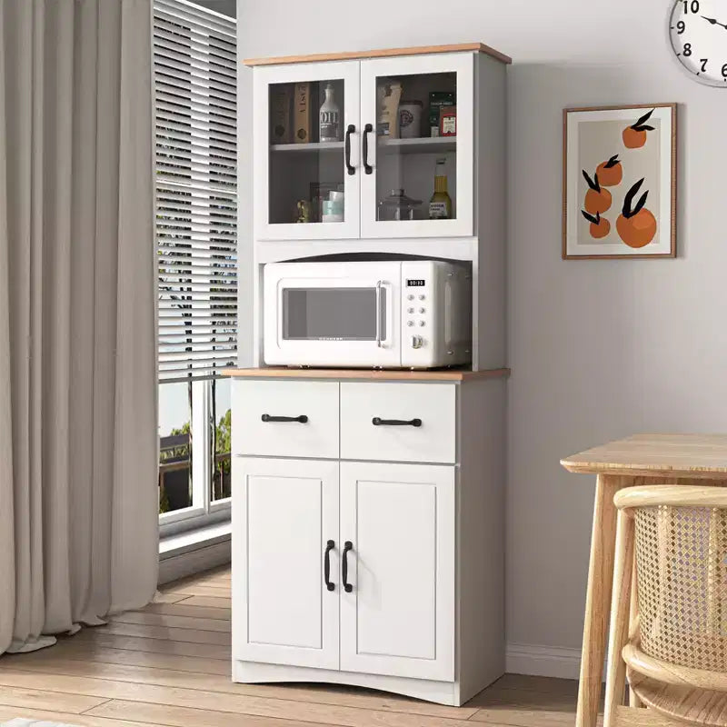 23" Wooden Kitchen Cabinet, Pantry Microwave Cabinet with Glass Doors and Drawers, Adjustable Shelves, White