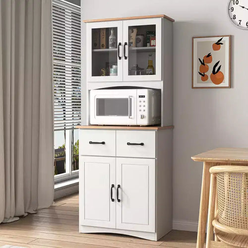 23" Wooden Kitchen Cabinet, Pantry Microwave Cabinet with Glass Doors and Drawers, Adjustable Shelves, White