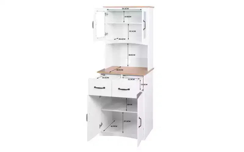 23" Wooden Kitchen Cabinet, Pantry Microwave Cabinet with Glass Doors and Drawers, Adjustable Shelves, White