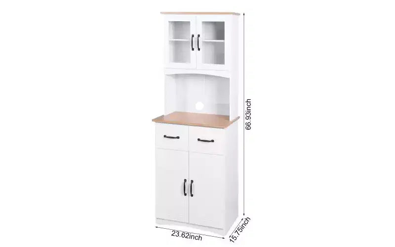 23" Wooden Kitchen Cabinet, Pantry Microwave Cabinet with Glass Doors and Drawers, Adjustable Shelves, White