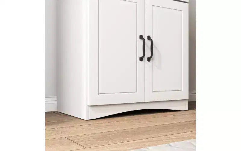 23" Wooden Kitchen Cabinet, Pantry Microwave Cabinet with Glass Doors and Drawers, Adjustable Shelves, White