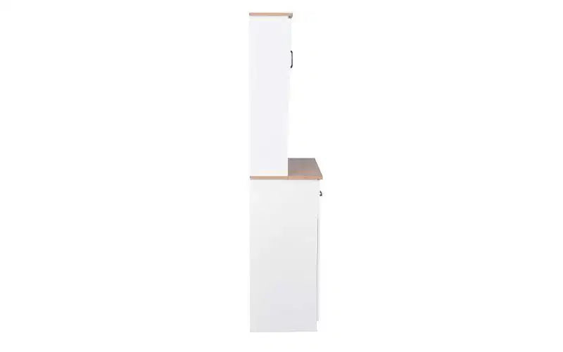 23" Wooden Kitchen Cabinet, Pantry Microwave Cabinet with Glass Doors and Drawers, Adjustable Shelves, White