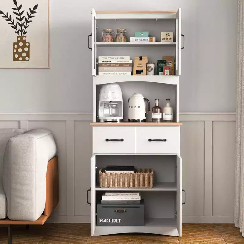 23" Wooden Kitchen Cabinet, Pantry Microwave Cabinet with Glass Doors and Drawers, Adjustable Shelves, White