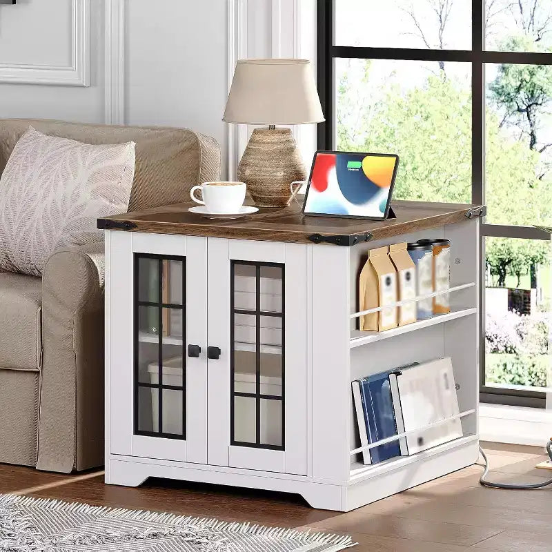 Farmhouse End Table with Charging Station, 23.6" Square Side Table for Living Room, White & Walnut Nightstand with Glass Barn Door