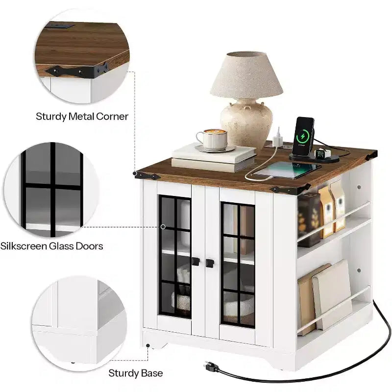 Farmhouse End Table with Charging Station, 23.6" Square Side Table for Living Room, White & Walnut Nightstand with Glass Barn Door