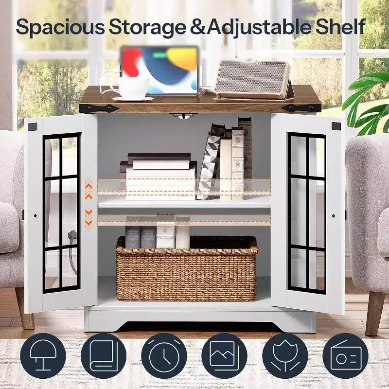 Farmhouse End Table with Charging Station, 23.6" Square Side Table for Living Room, White & Walnut Nightstand with Glass Barn Door