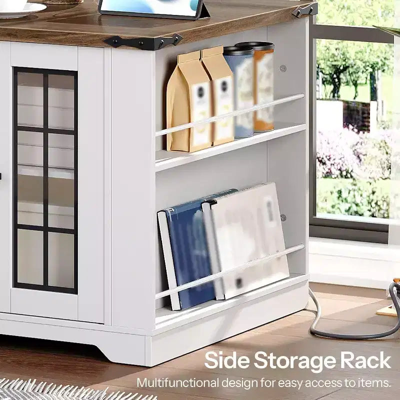 Farmhouse End Table with Charging Station, 23.6" Square Side Table for Living Room, White & Walnut Nightstand with Glass Barn Door