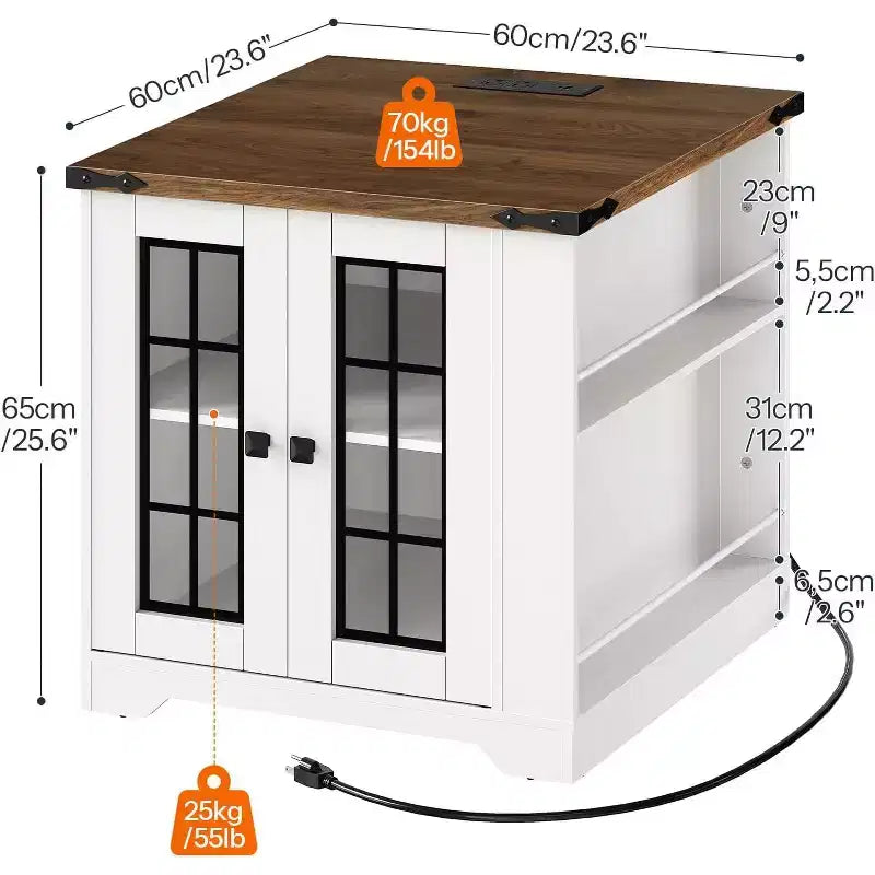 Farmhouse End Table with Charging Station, 23.6" Square Side Table for Living Room, White & Walnut Nightstand with Glass Barn Door