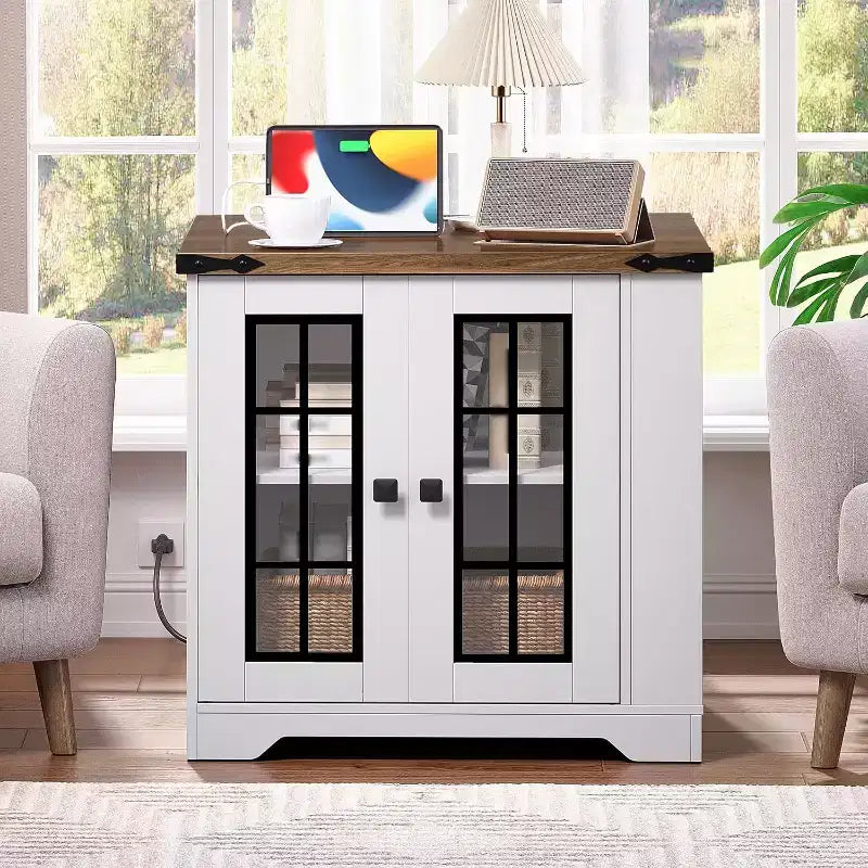 Farmhouse End Table with Charging Station, 23.6" Square Side Table for Living Room, White & Walnut Nightstand with Glass Barn Door