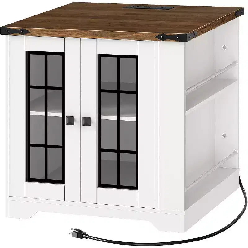 Farmhouse End Table with Charging Station, 23.6" Square Side Table for Living Room, White & Walnut Nightstand with Glass Barn Door
