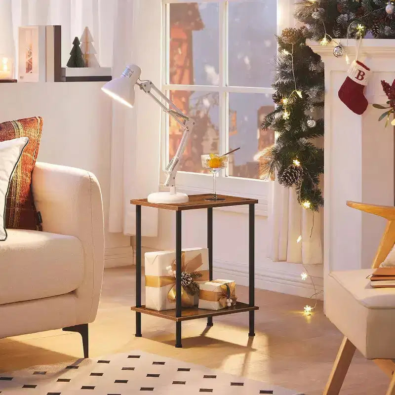 Small Industrial End Table with 2-Layer Storage Shelves, Sofa Side Table for Small Spaces, Living Room/Bedroom