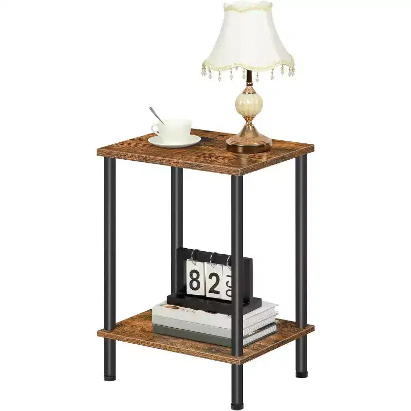 Small Industrial End Table with 2-Layer Storage Shelves, Sofa Side Table for Small Spaces, Living Room/Bedroom
