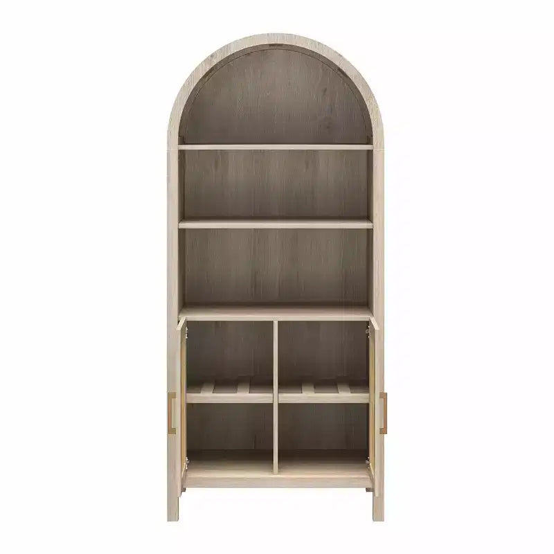 Bohemian Arched Display Cabinet with 2 Faux Rattan Doors, 5 Adjustable Shelves for Living Room, Kitchen, Beige