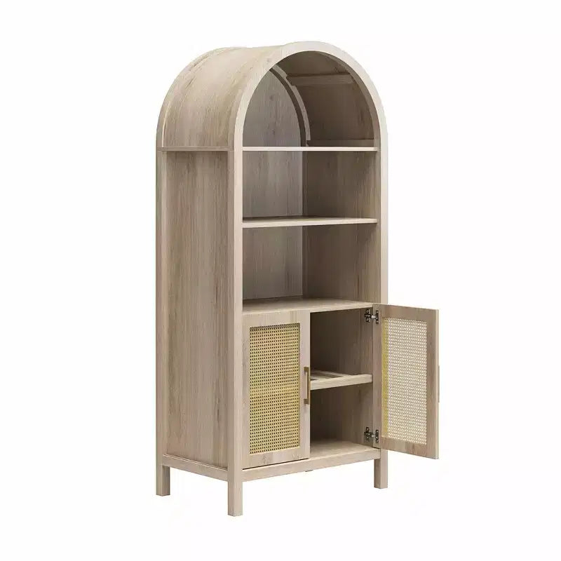 Bohemian Arched Display Cabinet with 2 Faux Rattan Doors, 5 Adjustable Shelves for Living Room, Kitchen, Beige