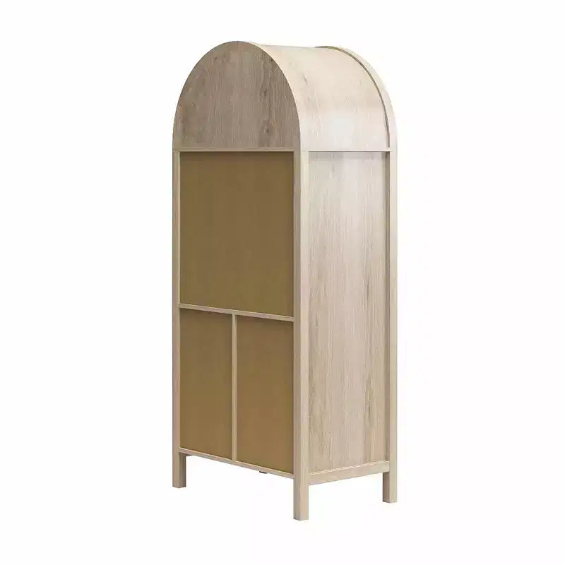 Bohemian Arched Display Cabinet with 2 Faux Rattan Doors, 5 Adjustable Shelves for Living Room, Kitchen, Beige