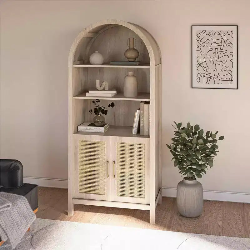 Bohemian Arched Display Cabinet with 2 Faux Rattan Doors, 5 Adjustable Shelves for Living Room, Kitchen, Beige