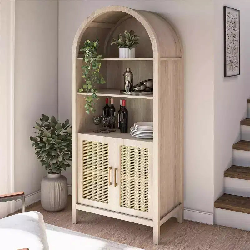Bohemian Arched Display Cabinet with 2 Faux Rattan Doors, 5 Adjustable Shelves for Living Room, Kitchen, Beige