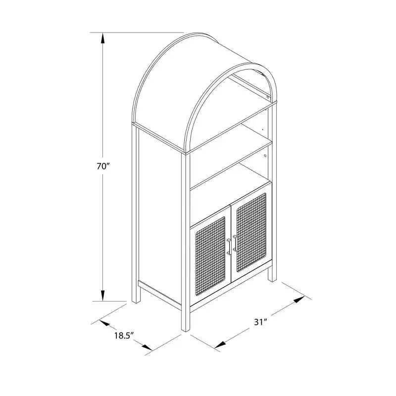 Bohemian Arched Display Cabinet with 2 Faux Rattan Doors, 5 Adjustable Shelves for Living Room, Kitchen, Beige