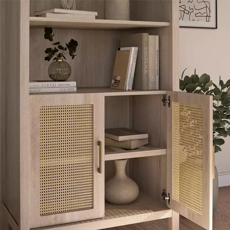Bohemian Arched Display Cabinet with 2 Faux Rattan Doors, 5 Adjustable Shelves for Living Room, Kitchen, Beige