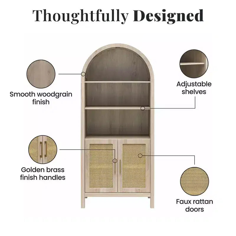 Bohemian Arched Display Cabinet with 2 Faux Rattan Doors, 5 Adjustable Shelves for Living Room, Kitchen, Beige