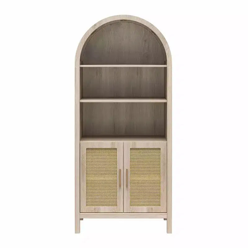 Bohemian Arched Display Cabinet with 2 Faux Rattan Doors, 5 Adjustable Shelves for Living Room, Kitchen, Beige