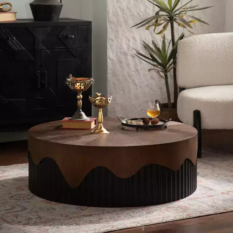 38.97 inch Round Coffee Table with Real Bark Texture Veneer and Walnut Finish