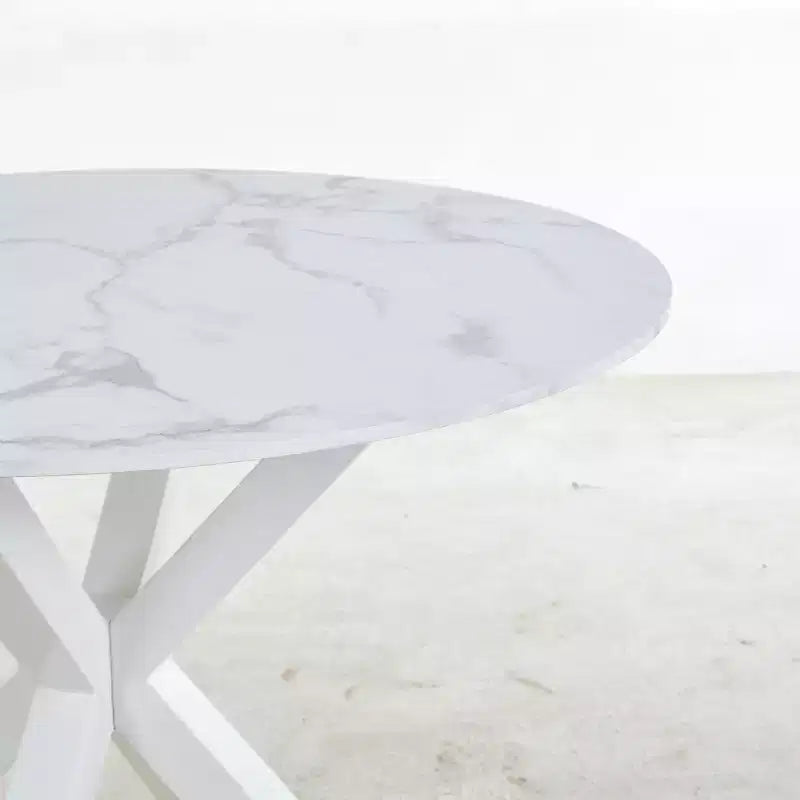 42.1-inch Mid-Century Dining Table with Round MDF Table Top and Cross Leg, White Marble Color, for 4-6 People