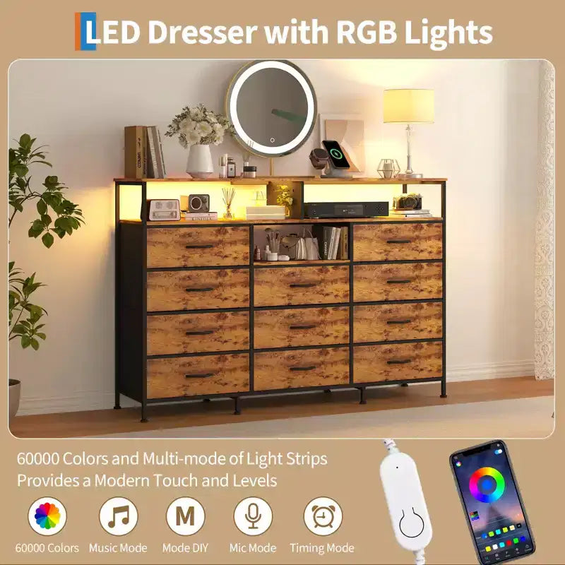 Dresser for Bedroom with 11 Drawers, Fabric Dressers & Chest of Drawers with Open Shelves for Hallway, Living Room, Steel Frame, Wood Top