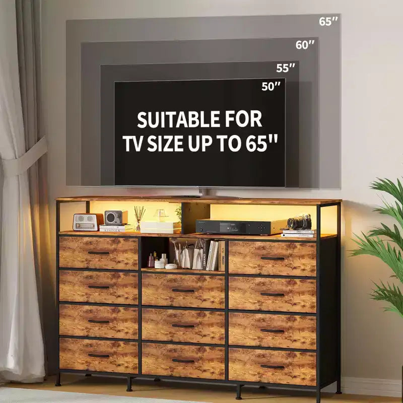 Dresser for Bedroom with 11 Drawers, Fabric Dressers & Chest of Drawers with Open Shelves for Hallway, Living Room, Steel Frame, Wood Top