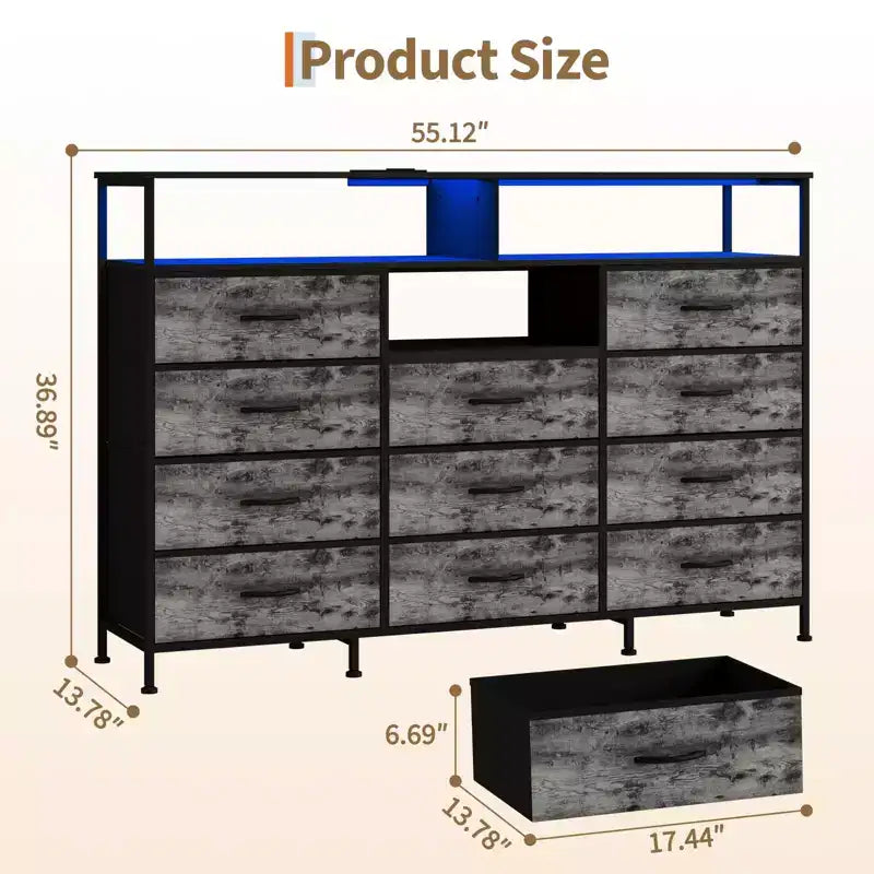 Dresser for Bedroom with 11 Drawers, Fabric Dressers & Chest of Drawers with Open Shelves for Hallway, Living Room, Steel Frame, Wood Top