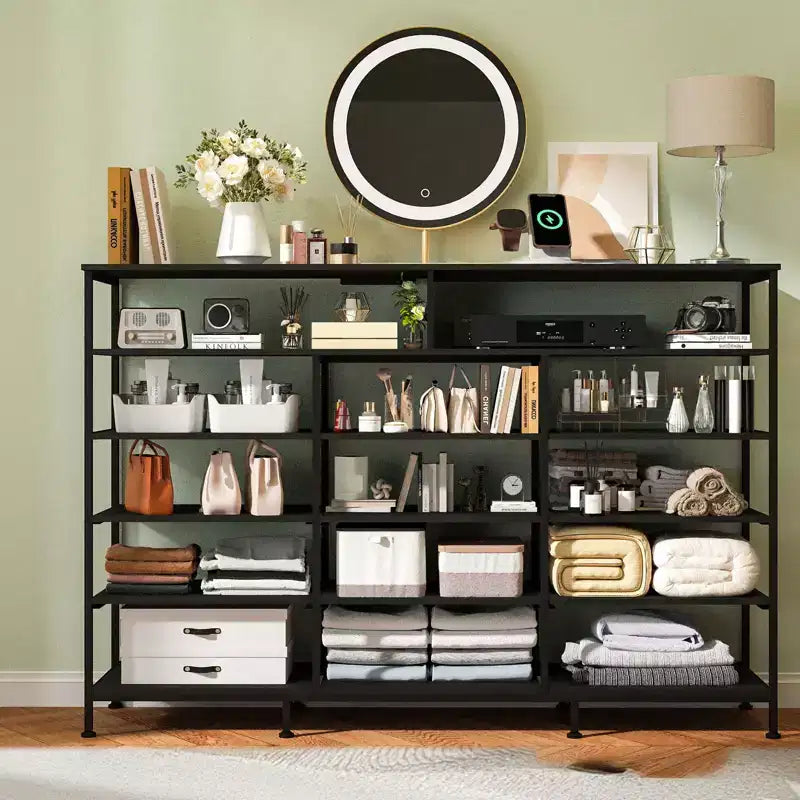Dresser for Bedroom with 11 Drawers, Fabric Dressers & Chest of Drawers with Open Shelves for Hallway, Living Room, Steel Frame, Wood Top