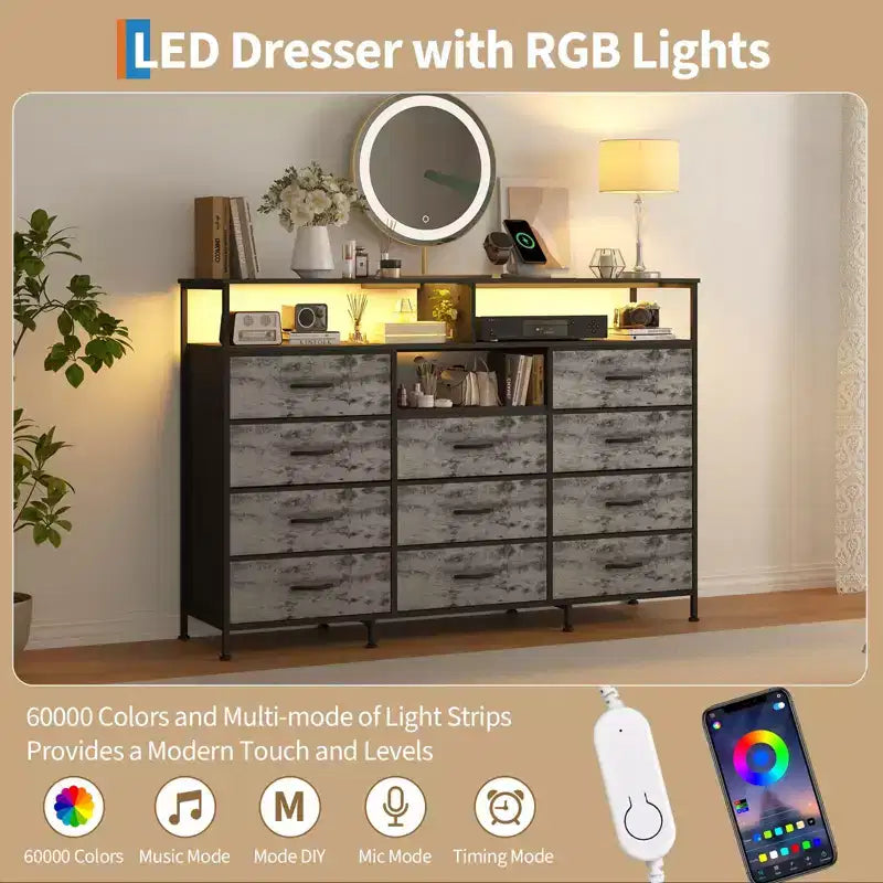 Dresser for Bedroom with 11 Drawers, Fabric Dressers & Chest of Drawers with Open Shelves for Hallway, Living Room, Steel Frame, Wood Top