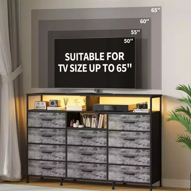 Dresser for Bedroom with 11 Drawers, Fabric Dressers & Chest of Drawers with Open Shelves for Hallway, Living Room, Steel Frame, Wood Top