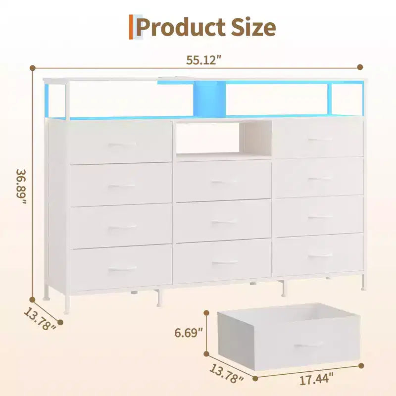 Dresser for Bedroom with 11 Drawers, Fabric Dressers & Chest of Drawers with Open Shelves for Hallway, Living Room, Steel Frame, Wood Top