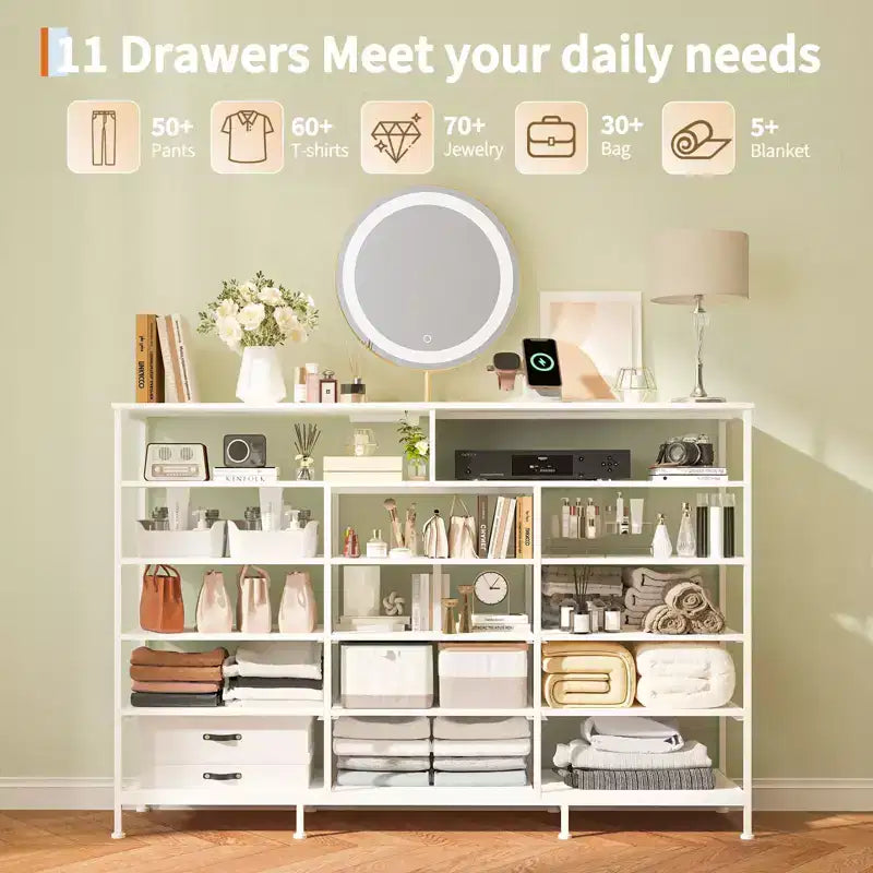 Dresser for Bedroom with 11 Drawers, Fabric Dressers & Chest of Drawers with Open Shelves for Hallway, Living Room, Steel Frame, Wood Top